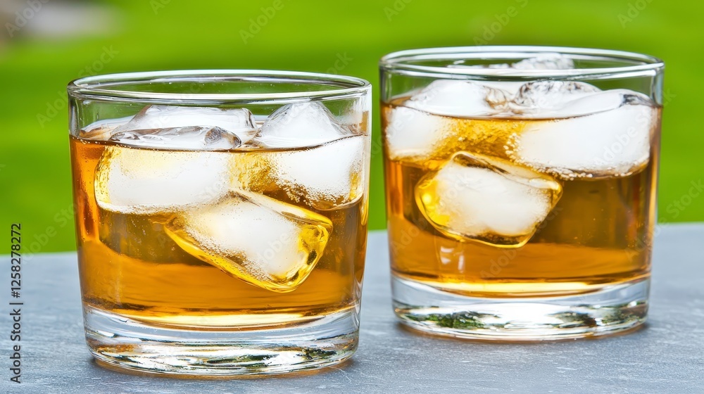 Refreshing Glasses of Whiskey with Ice on a Sunny Day Outdoors Refreshing Glasses of Whiskey with Ice on a Sunny Day Outdoors