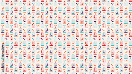 小鳥と鳥かごのイラスト、背景パターン