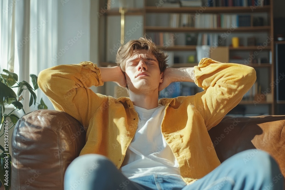 Obraz premium Guy have headache and dizzy sitting on sofa at home