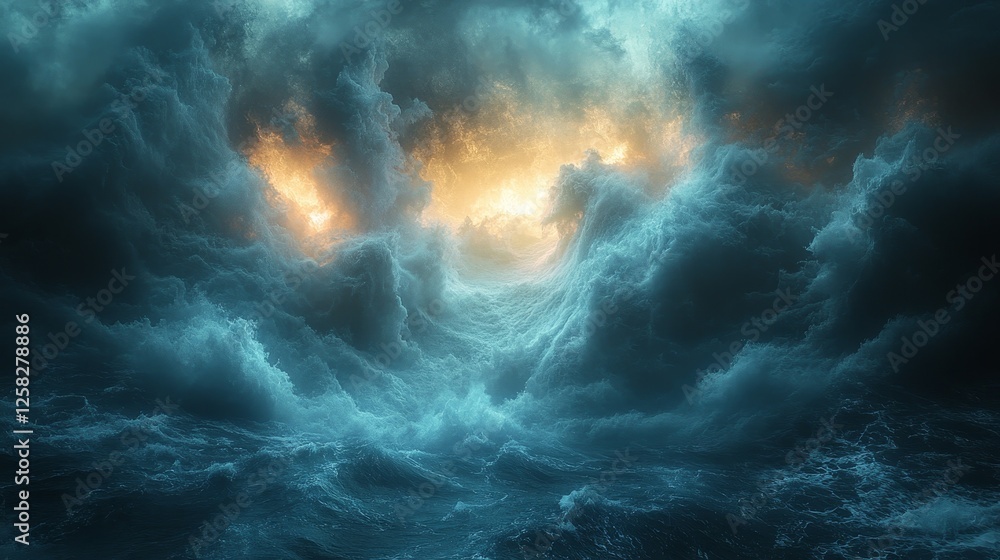 Fototapeta premium A large wave of water with a bright orange sun in the middle