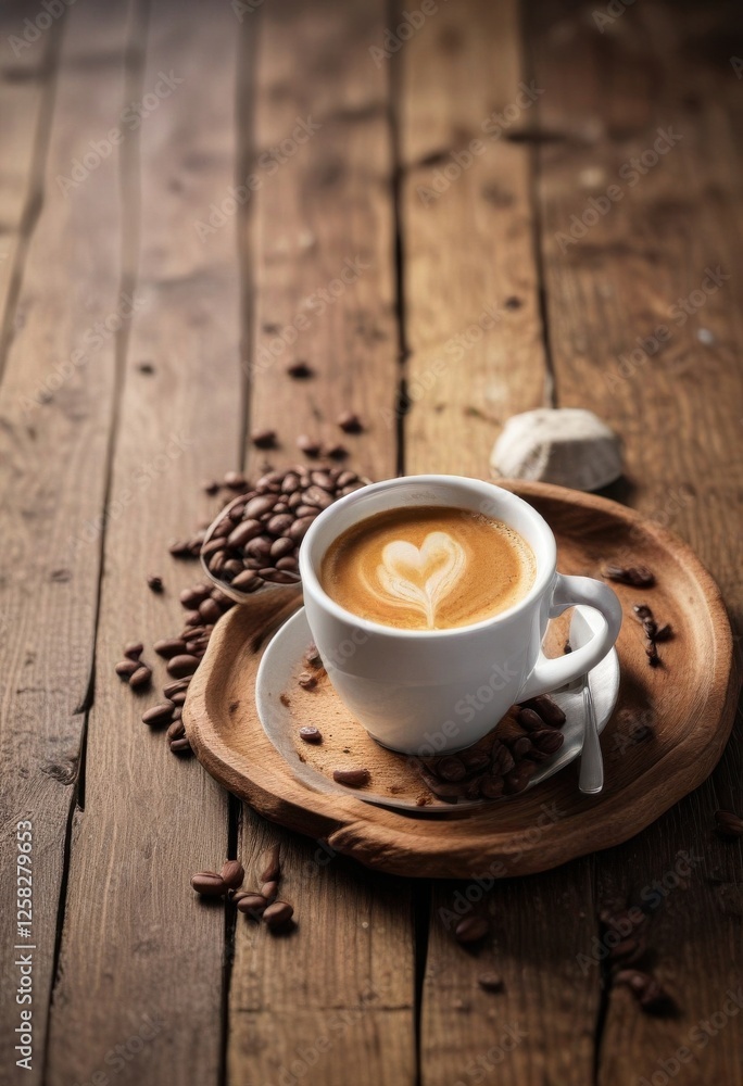 Espresso coffee cup with beans on old wooden table, table, antique, coffee Espresso coffee cup with beans on old wooden table, table, antique, coffee