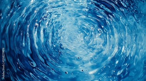 Water ripples, blue background, top view, close-up of water droplets falling into the center of the circle