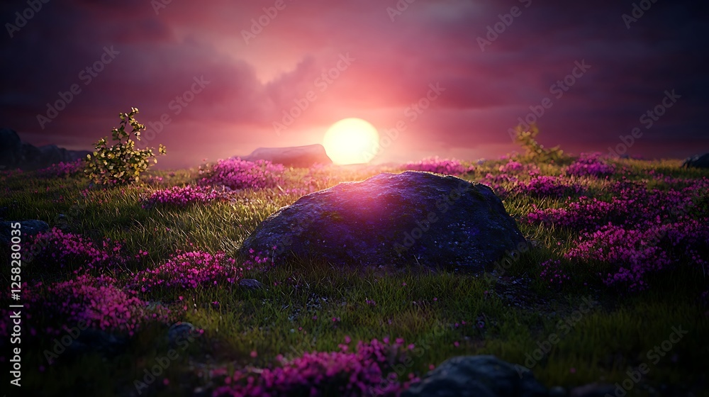 Vibrant Twilight Glow over Field with Boulders Radiating Soft Light on a Tranquil Natural Setting Vibrant Twilight Glow over Field with Boulders Radiating Soft Light on a Tranquil Natural Setting