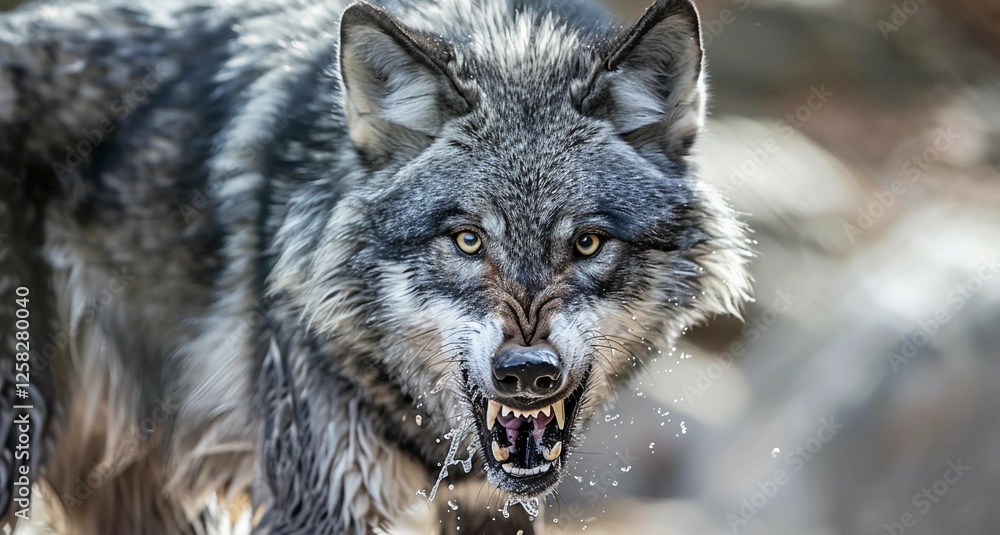 Aggressive rabid dog snarling with frothy saliva, intense eyes, and raised fur, isolated on a blurred background. Concept of danger, wild animal behavior, and rabies awareness Aggressive rabid dog snarling with frothy saliva, intense eyes, and raised fur, isolated on a blurred background. Concept of danger, wild animal behavior, and rabies awareness