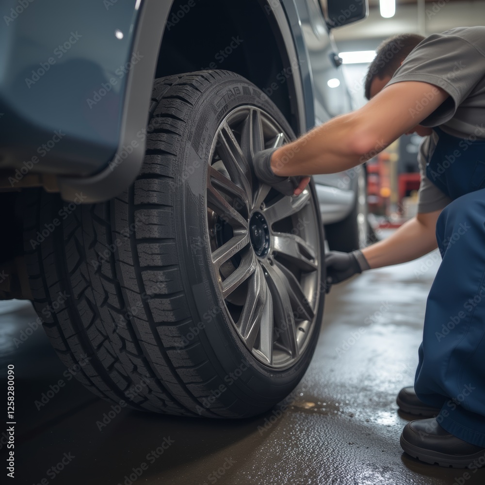 Mechanic working on a car tire in a well-lit garage emphasizing the importance of regular vehicle maintenance and safety checks Mechanic working on a car tire in a well-lit garage emphasizing the importance of regular vehicle maintenance and safety checks