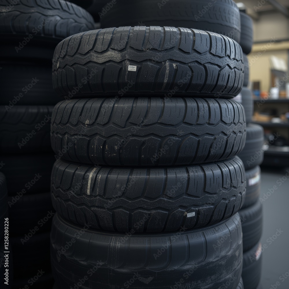 Stack of new tires in a warehouse highlighting the variety and quality of available options for different vehicle needs Stack of new tires in a warehouse highlighting the variety and quality of available options for different vehicle needs