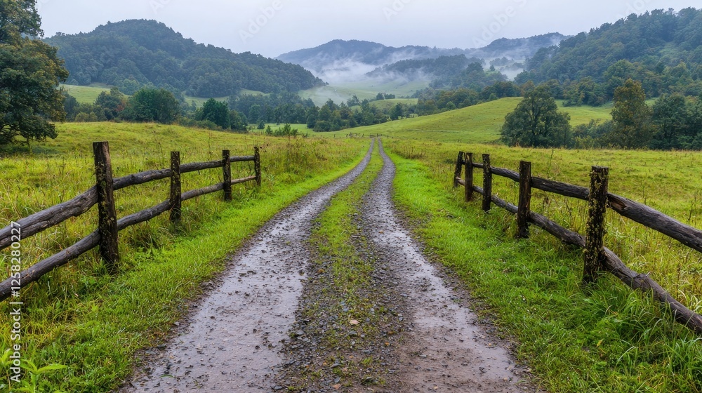 Misty Mountain Road Through Green Pasture Misty Mountain Road Through Green Pasture