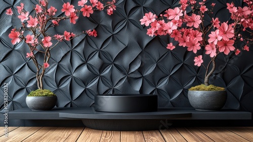 Black podium with cherry blossoms, dark background, wooden floor photo