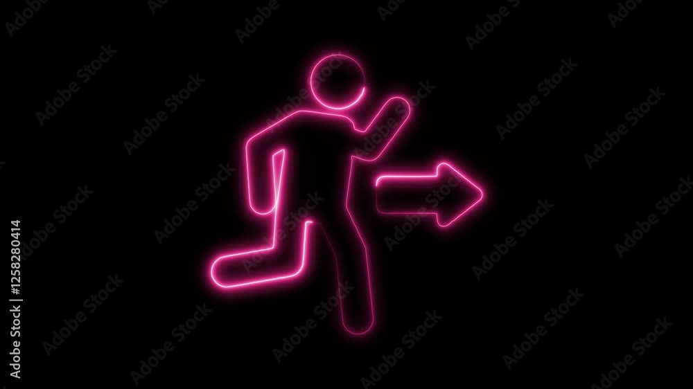 Glowing neon emergency exit icon isolated on black background. HD Video motion graphic animation Glowing neon emergency exit icon isolated on black background. HD Video motion graphic animation