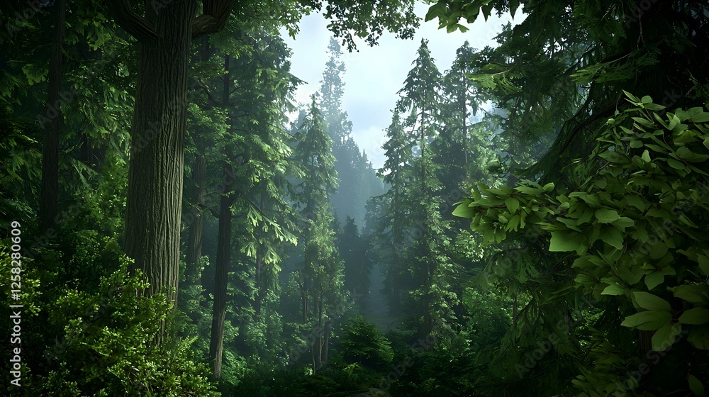 Fototapeta premium Lush Green Forest with Sunlight Filtering Through Tall Trees