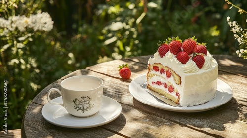 Gourmet strawberry cake with delicate cream cheese frosting and whole strawberries, placed on a rustic outdoor summer picnic table