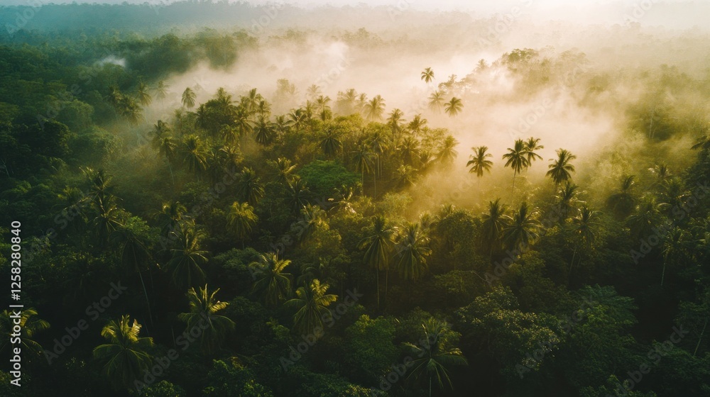 Obraz premium Misty Tropical Paradise: An Aerial View of Lush Palm Trees