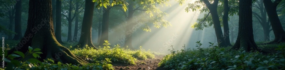 Fototapeta premium Ethereal light dances across a misty forest floor, ethereal, trees, natural light