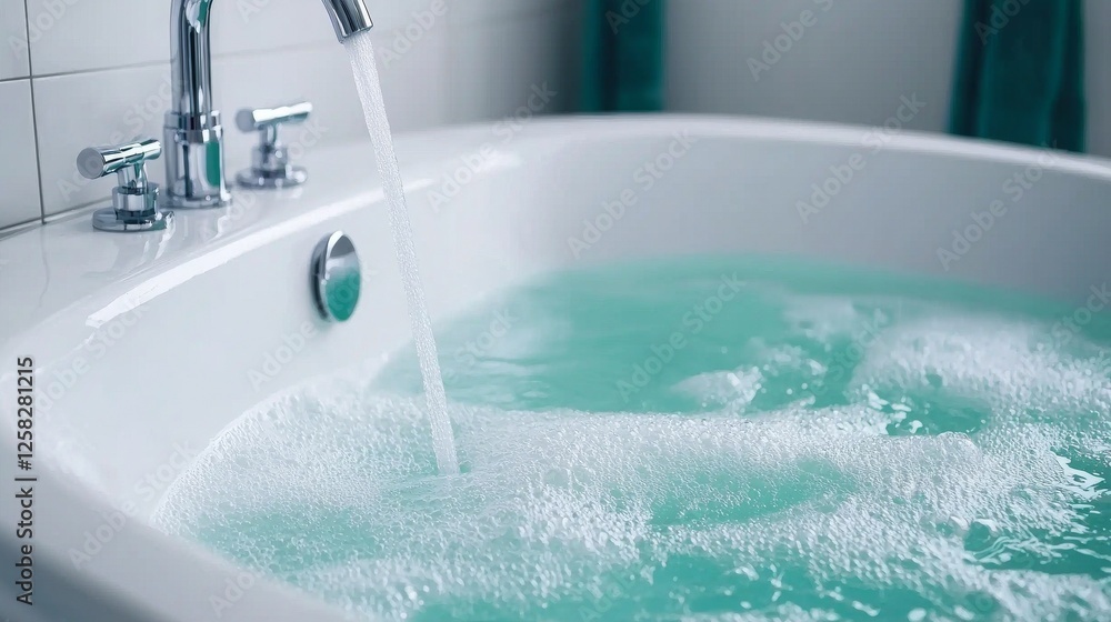 Symbolize of bathroom hygiene. Bathtub filling with bubbles and teal water Symbolize of bathroom hygiene. Bathtub filling with bubbles and teal water