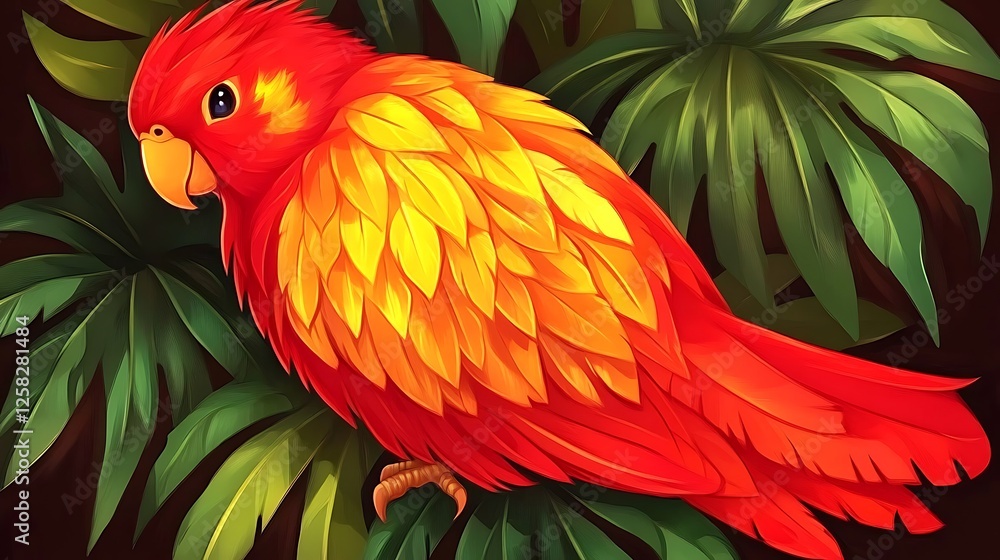Obraz premium Vivid Tropical Parrot Portrait Amidst Verdant Foliage Lush Artistic Rendering Bird Bright Red Yellow
