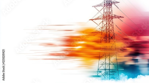 high voltage transmission tower stands against dynamic, abstract background, symbolizing energy and electricity infrastructure. blurred motion effect adds sense of speed and power