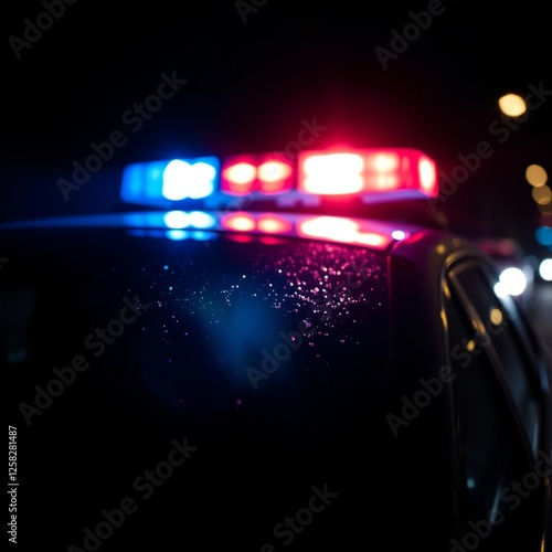 Close-up of police car with flashing red and blue lights at night wet surface of the vehicle reflecting lights law enforcement and emergency response concept Bokeh light lights background bokeh 