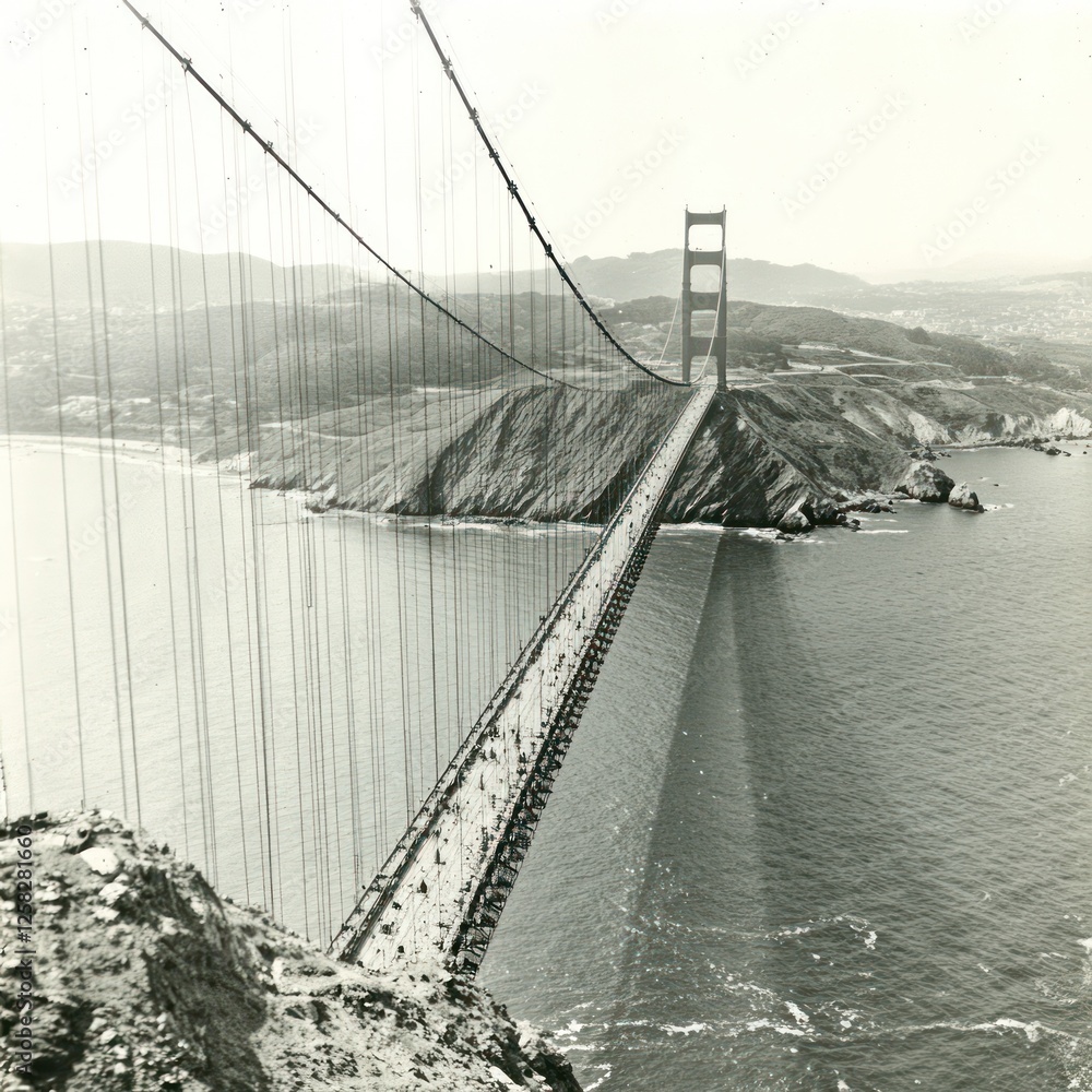 Obraz premium Iconic bridge, coastal view, construction, San Francisco bay, historical photo