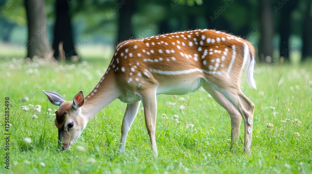 A deer grazing peacefully in a green meadow. A deer grazing peacefully in a green meadow.