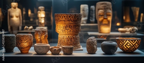 Museum Exhibit Ancient Pottery, Sculptures, Backlit Display photo