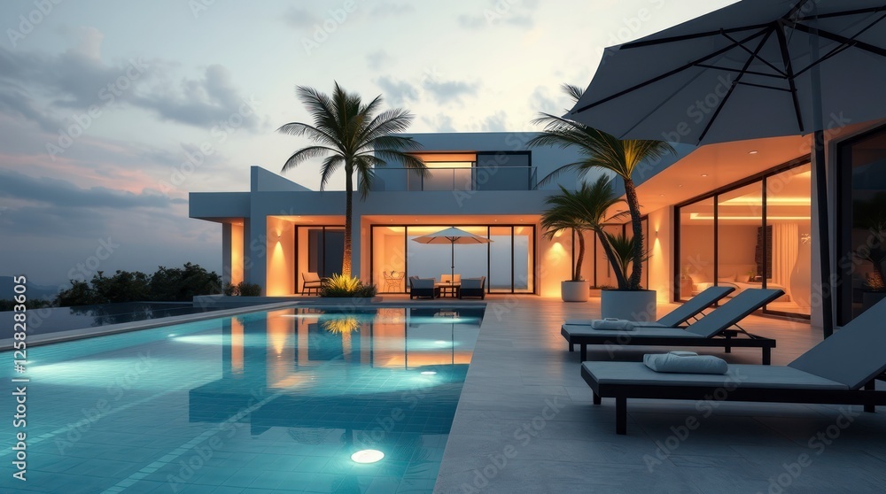 Fototapeta premium Luxury Modern Villa with Pool Sunset View