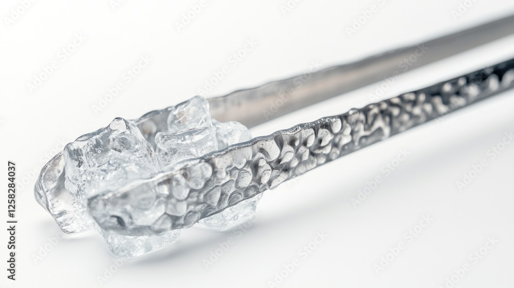 Ice cubes held by tongs on white background, close-up Ice cubes held by tongs on white background, close-up