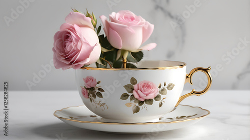 A vintage style porcelain beauty teacup with pink roses and gold trim matching saucer  on a background.