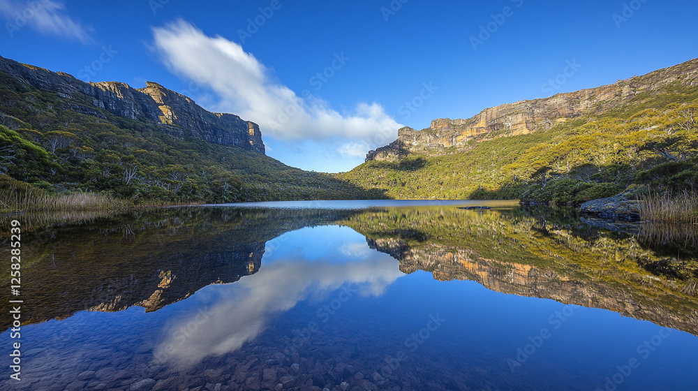 Fototapeta premium Scenic mountain lake with clear reflection and blue sky in Tasmania during daytime