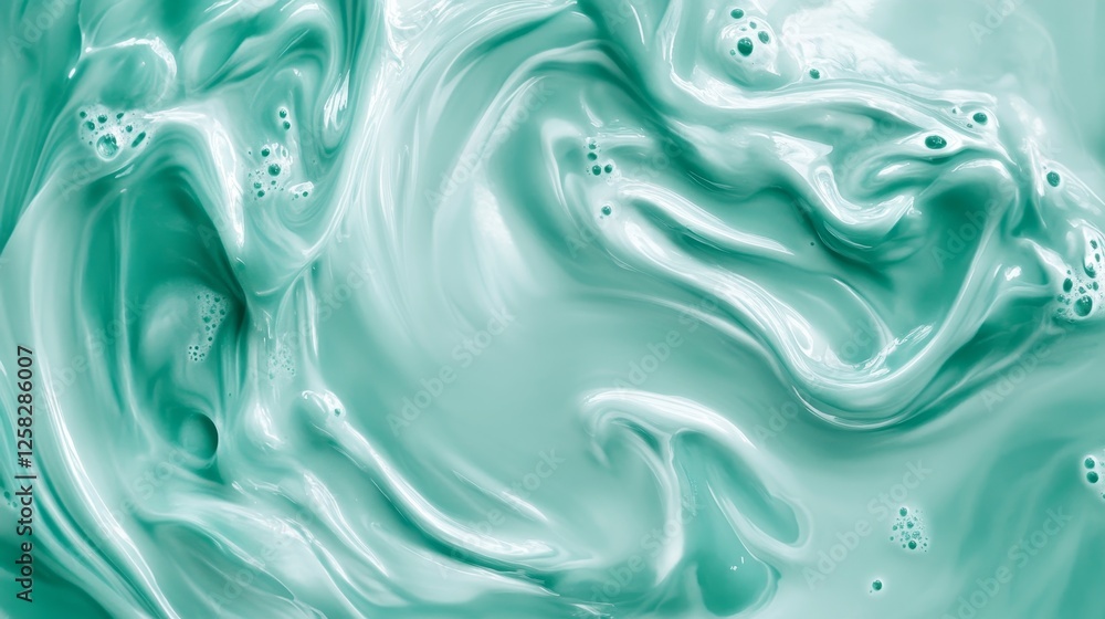 Obraz premium Teal melted milk swirl on white background. Sour cream or yogurt swirl texture