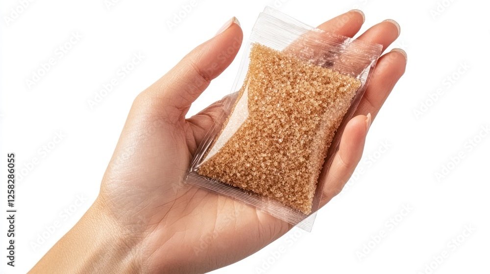 Hand holding brown sugar sachets isolated on a clean white background, highlighting the natural texture and color contrast. Hand holding brown sugar sachets isolated on a clean white background, highlighting the natural texture and color contrast.