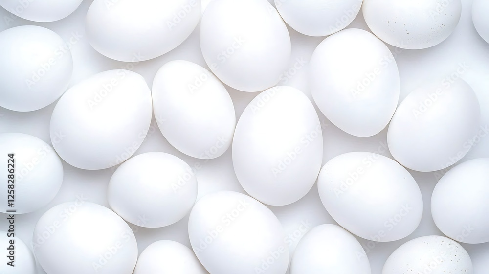 White Chicken Egg Abundance a Uniform Array of Light and Shadow Purity in Culinary Backdrop