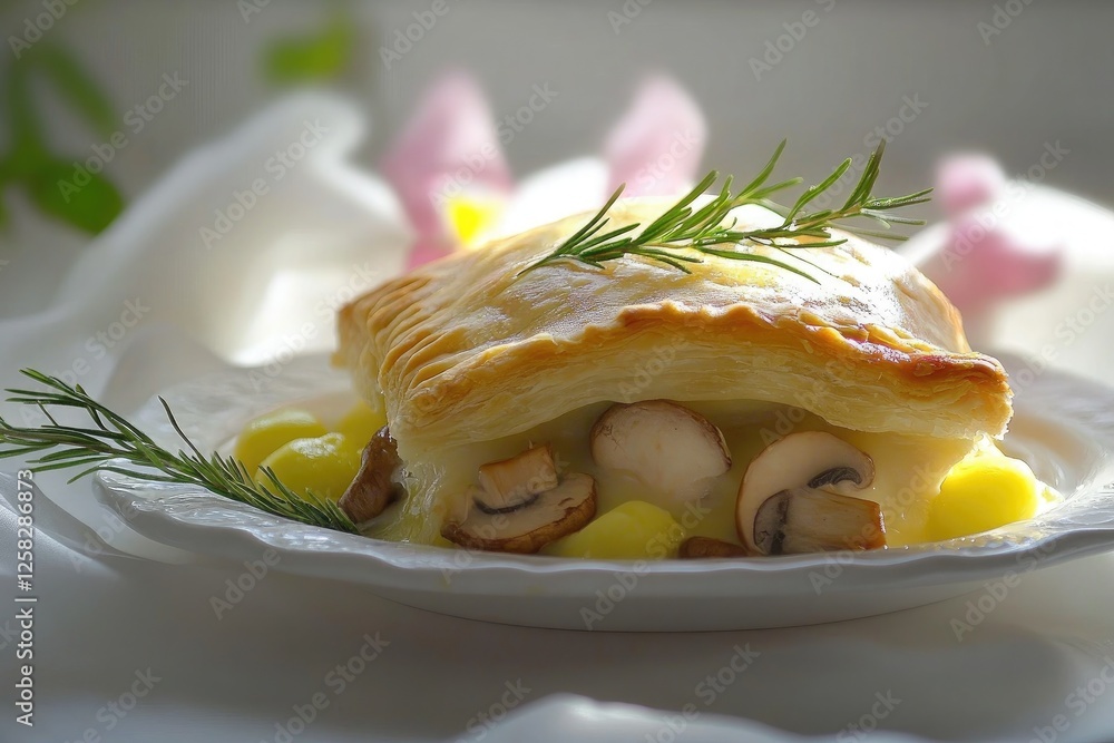 Sleek macro capture of a chicken and mushroom pie showcasing its golden crust and creamy filling Sleek macro capture of a chicken and mushroom pie showcasing its golden crust and creamy filling