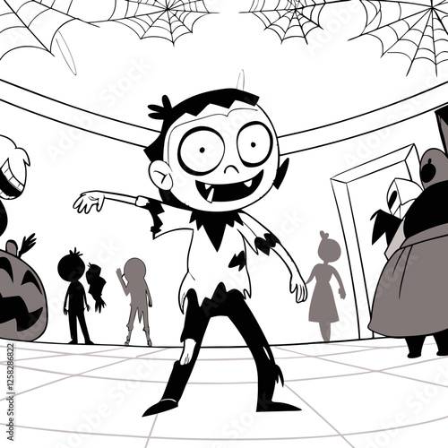 A classic cartoon zombie, grinning widely, performs a joyful, slightly clumsy dance at a Halloween party.  The scene is brightly colored and fun.