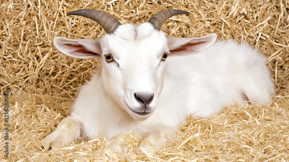 White Goat Resting Peacefully in a Bed of Straw Hay on a Farm on a Sunny Day White Goat Resting Peacefully in a Bed of Straw Hay on a Farm on a Sunny Day