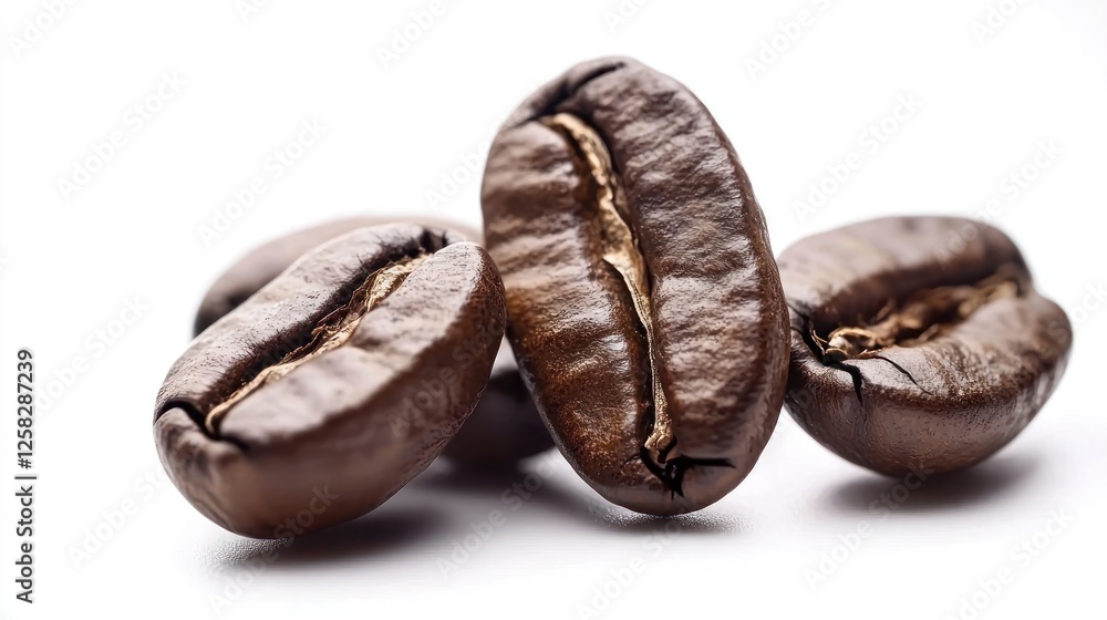 Obraz premium A pile of coffee beans isolated on a white background, emphasizing their organic shape and earthy tones.
