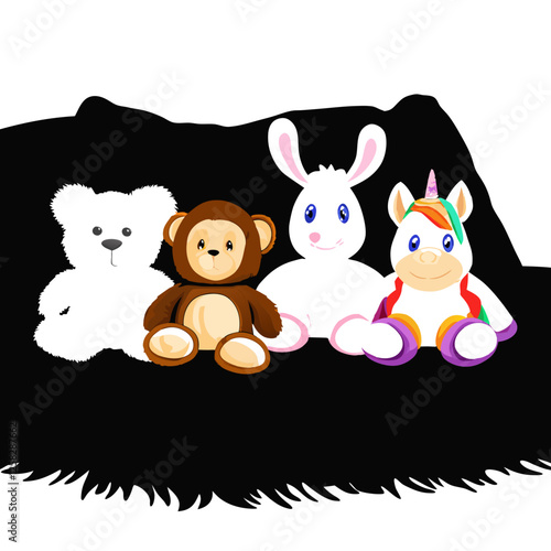 A vibrant, close-up shot showcasing a diverse collection of plush animals, varying in size, texture, and species.  Highlight individual details and textures.