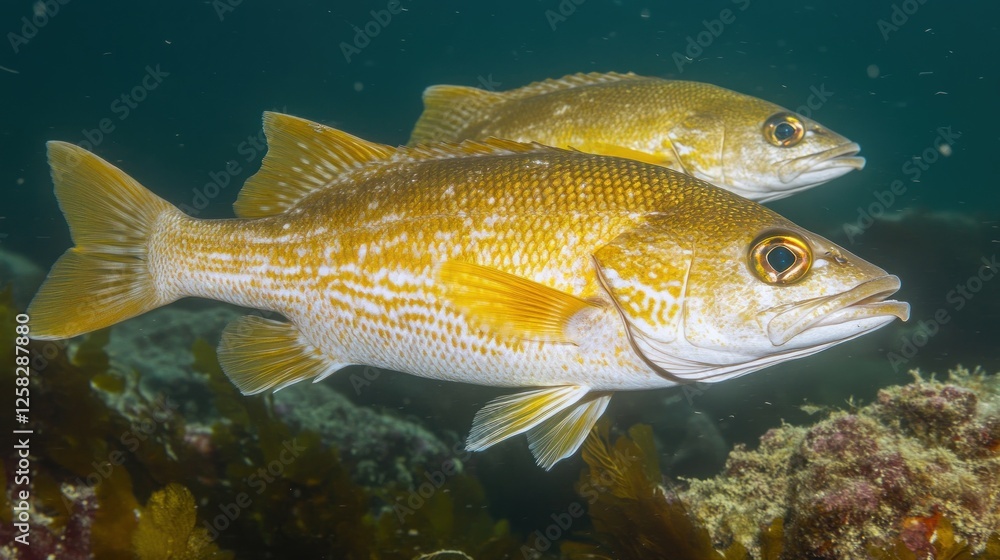 Naklejka premium Two yellow fish swim near kelp forest, ocean floor