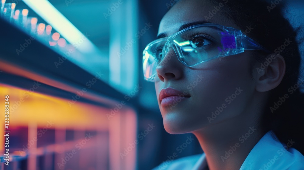 A focused scientist wearing protective glasses in a brightly lit laboratory, showcasing a commitment to research and innovation in the scientific field. A focused scientist wearing protective glasses in a brightly lit laboratory, showcasing a commitment to research and innovation in the scientific field.