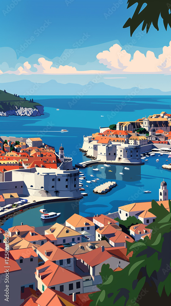 dubrovnik city vector white buildings red roofs blue waters boats hills sunny day dubrovnik city vector white buildings red roofs blue waters boats hills sunny day