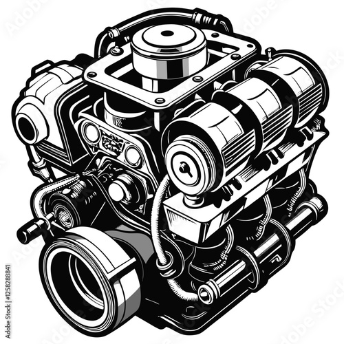 A meticulously detailed illustration of a car engine, showcasing all visible components with realistic textures and accurate mechanical representation.