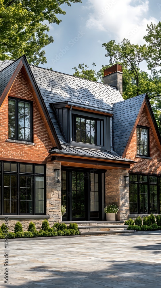 Elegant Home Exterior with Brick Stone and Slate Roof under a Sunny Sky in Suburban Setting Elegant Home Exterior with Brick Stone and Slate Roof under a Sunny Sky in Suburban Setting