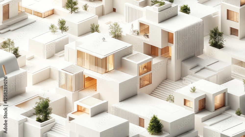 Naklejka premium Modern white houses, aerial view, city model, sunset, architectural design