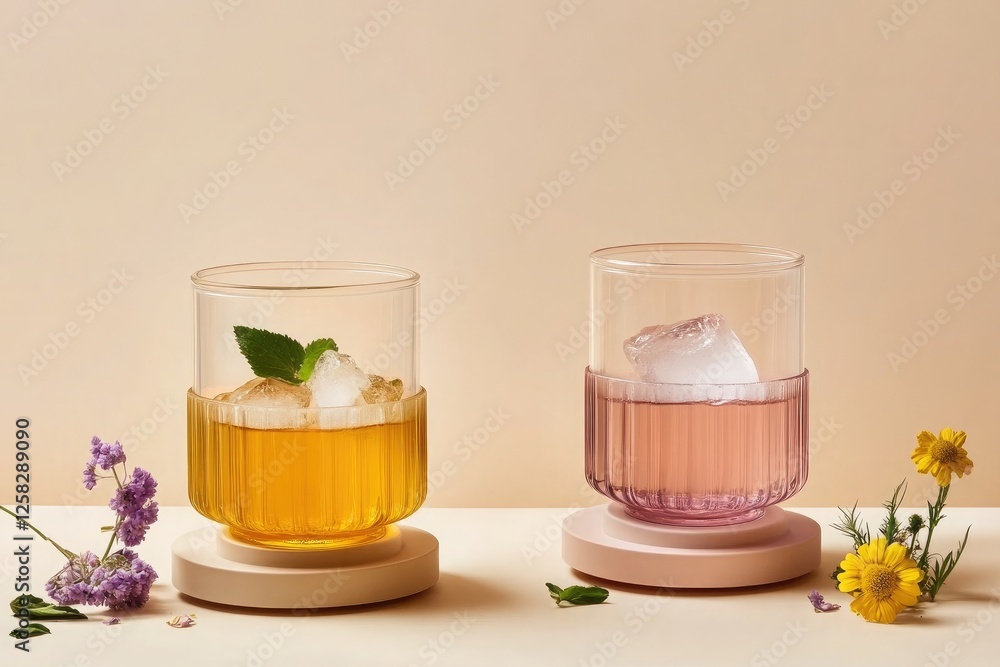 Refreshing iced tea served in retro-style faceted glasses with edible flowers and lush leaves on a pastel tabletop Refreshing iced tea served in retro-style faceted glasses with edible flowers and lush leaves on a pastel tabletop