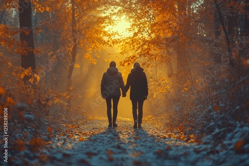 Wallpaper Mural Couple walking autumn forest path, sunset Torontodigital.ca
