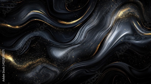 Abstract black, gold, silver liquid marble texture.