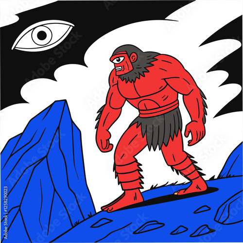 A colossal cyclops, towering over a desolate landscape, its single, fiery eye glaring intensely.  Depict intricate details and dramatic lighting.