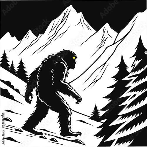 A colossal, furry Yeti, massive paws crushing deep snow, stomps through a blizzard-swept mountainous landscape.