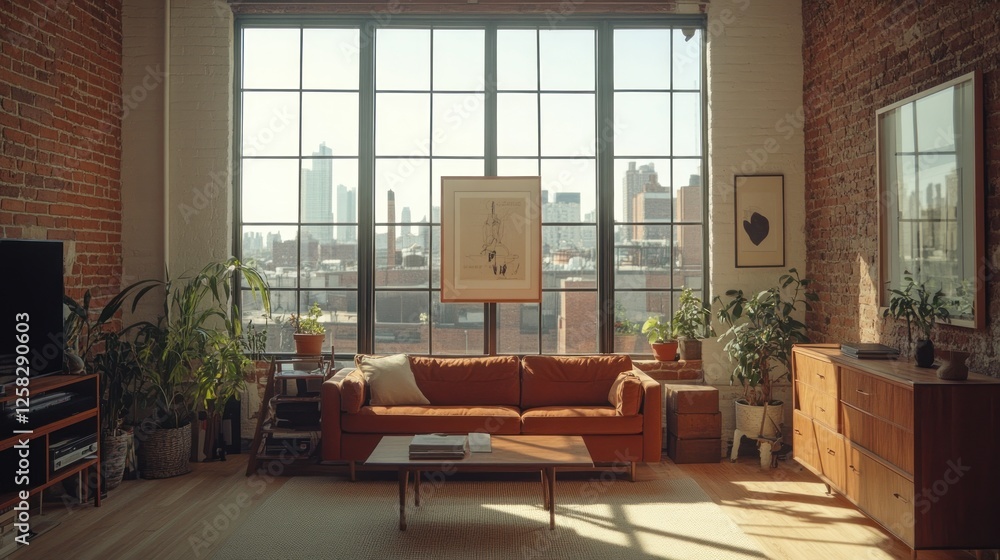 Fototapeta premium Loft apartment sunlit living room city view interior design
