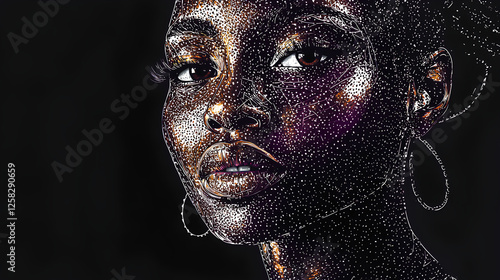 A close-up portrait of a beautiful African woman adorned with sparkles on her face, adding a touch of glamour and magic to the image photo