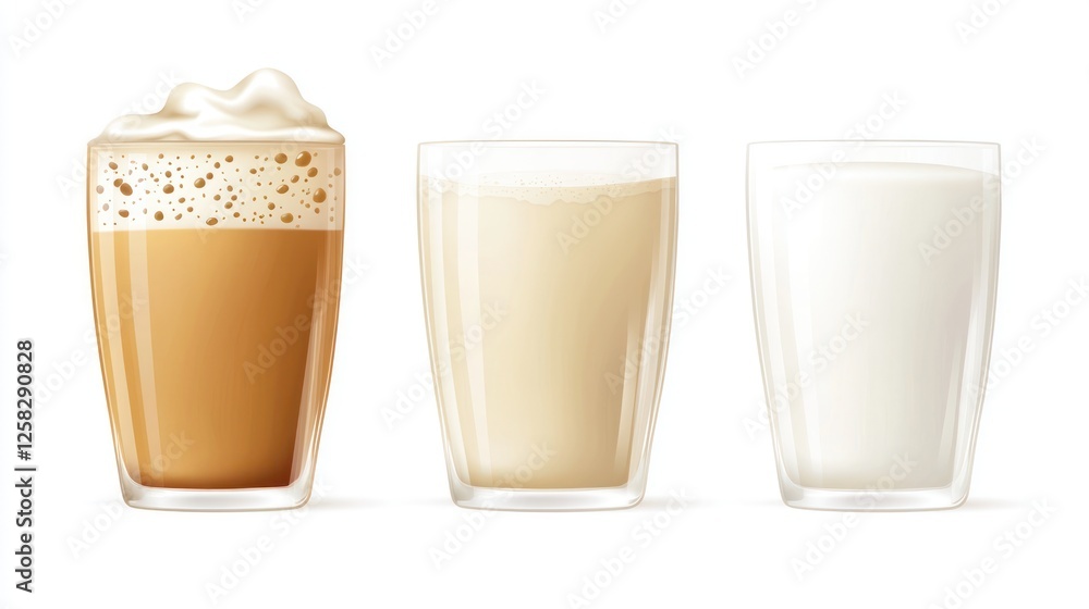 Realistic vector illustration of natural whole milk in a clear glass, isolated on a white background. Featuring smooth texture and natural tones. Realistic vector illustration of natural whole milk in a clear glass, isolated on a white background. Featuring smooth texture and natural tones.